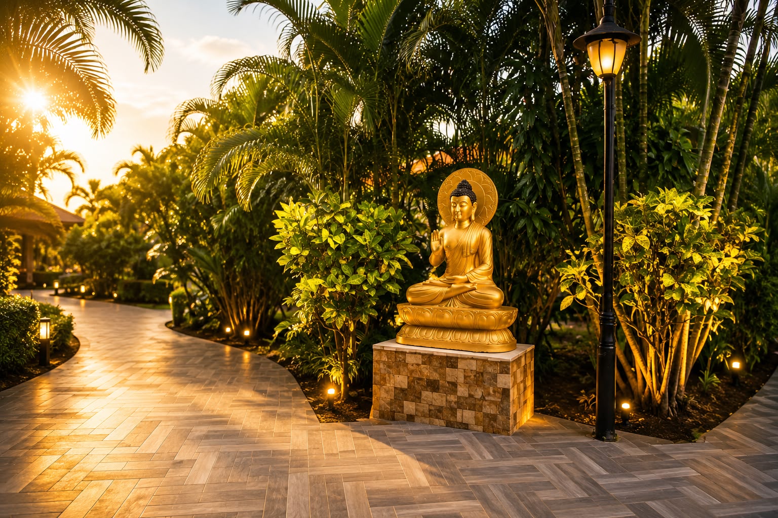 Sambodhi Retreat — poolside gardens at dusk
